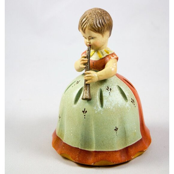 Vintage Anri Carved Painted Wood Figural Girl w/Flute Music Box Topper - Picture 1 of 6